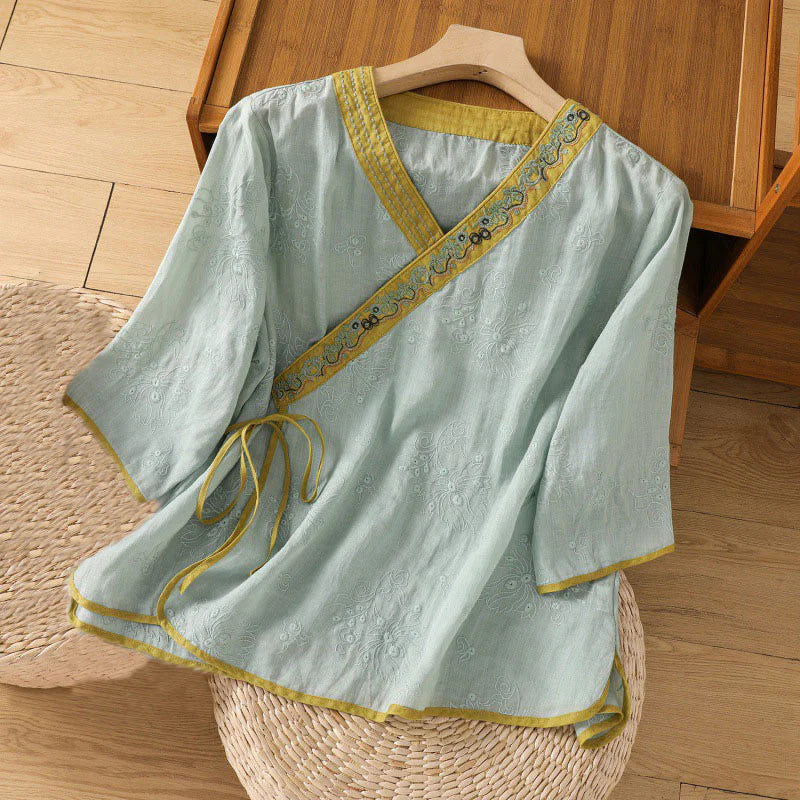 Buddha Stones Summer Vintage Embroidery Plant Floral Lace-Up Design V-Neck Women's Cotton Linen Shirt