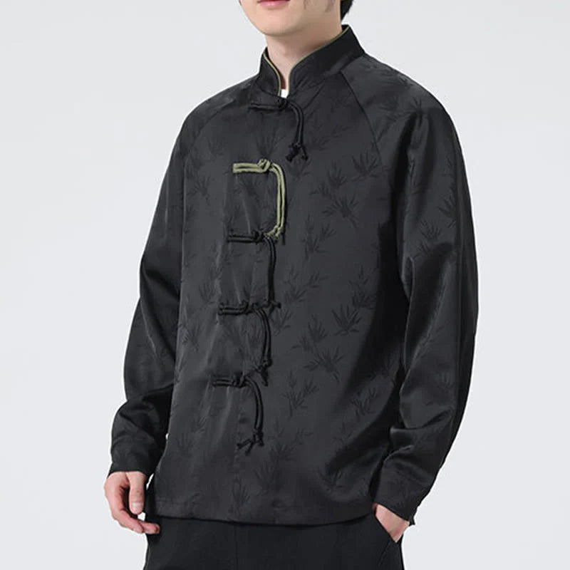 Buddha Stones Spring Jacquard Bamboo Leaves Pattern Chinese Frog-Button Design Men's Long Sleeve Shirt