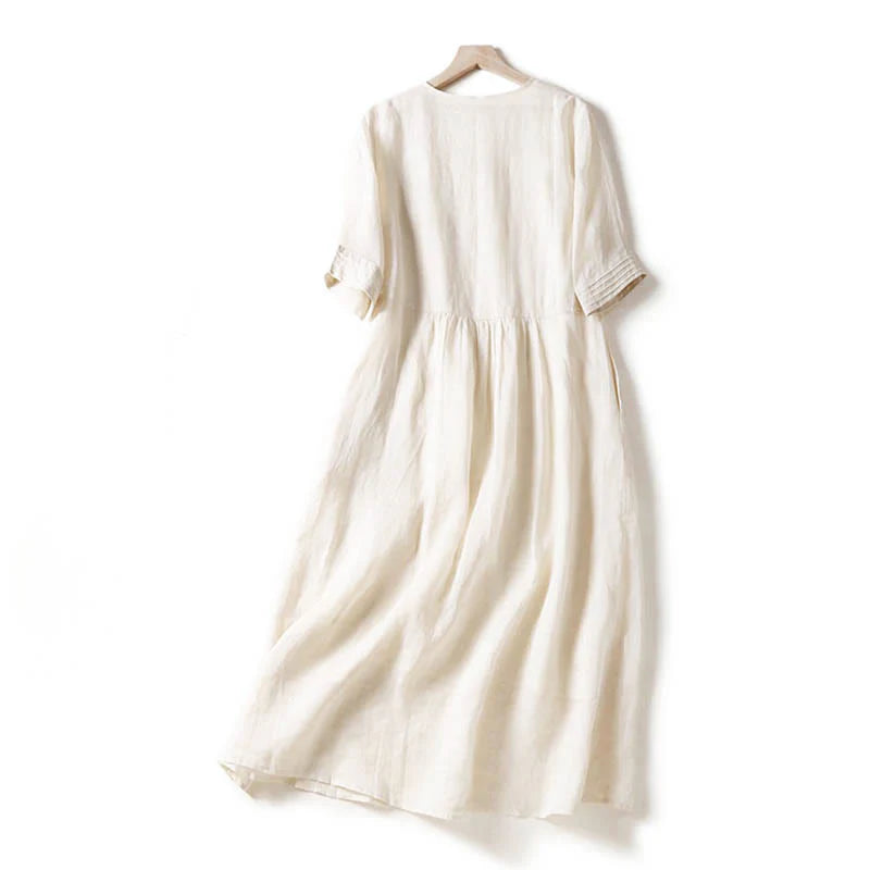 Buddha Stones Casual Accordion Pleat Plain V-neck Short Sleeve Cotton Midi Dress With Pockets