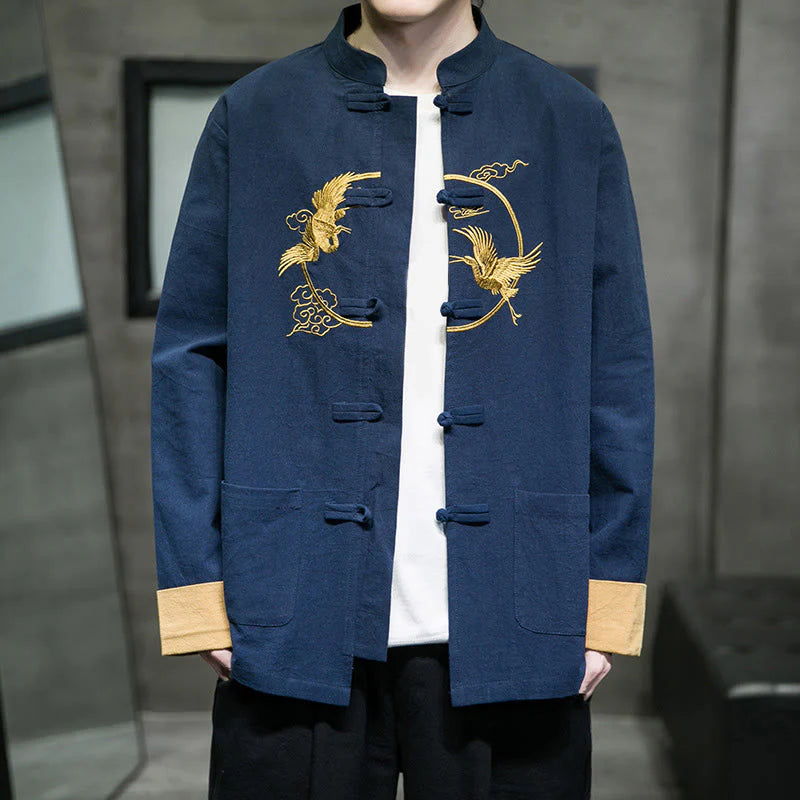 Buddha Stones Embroidery Cranes Pattern Frog-Button Men's Cotton Long Sleeve Jacket With Pockets