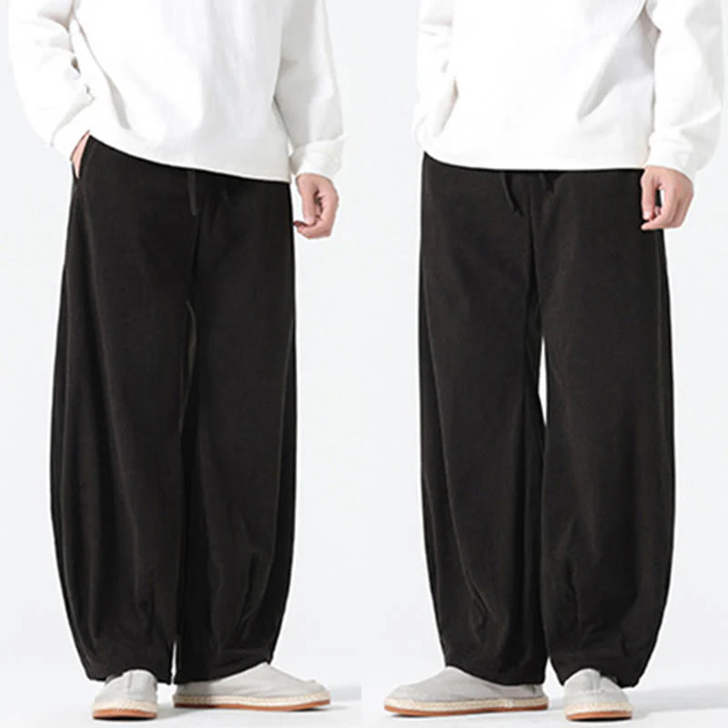 Buddha Stones Spring Pure Color Drawstring Design Corduroy Cotton Men's Harem Pants With Pockets