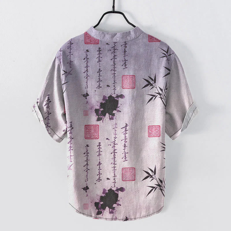 Buddha Stones Cotton Gradient Calligraphy Bamboo Ink Painting Pattern Men's Short Sleeve Half Button Shirt