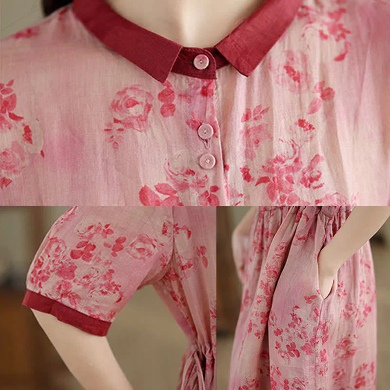 Buddha Stones Retro Printing Floral Pattern Drawstring Design Half Sleeve Cotton Midi Dress With Pockets