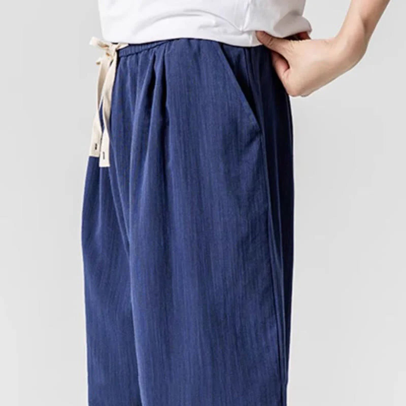 Buddha Stones Summer Pure Color Drawstring Men's Cotton Ankle-Length Pants With Pockets