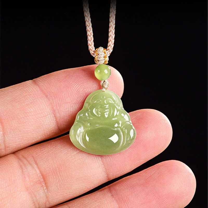 Buddha Stones Green Jade Laughing Buddha Prosperity Rope Necklace Pendant