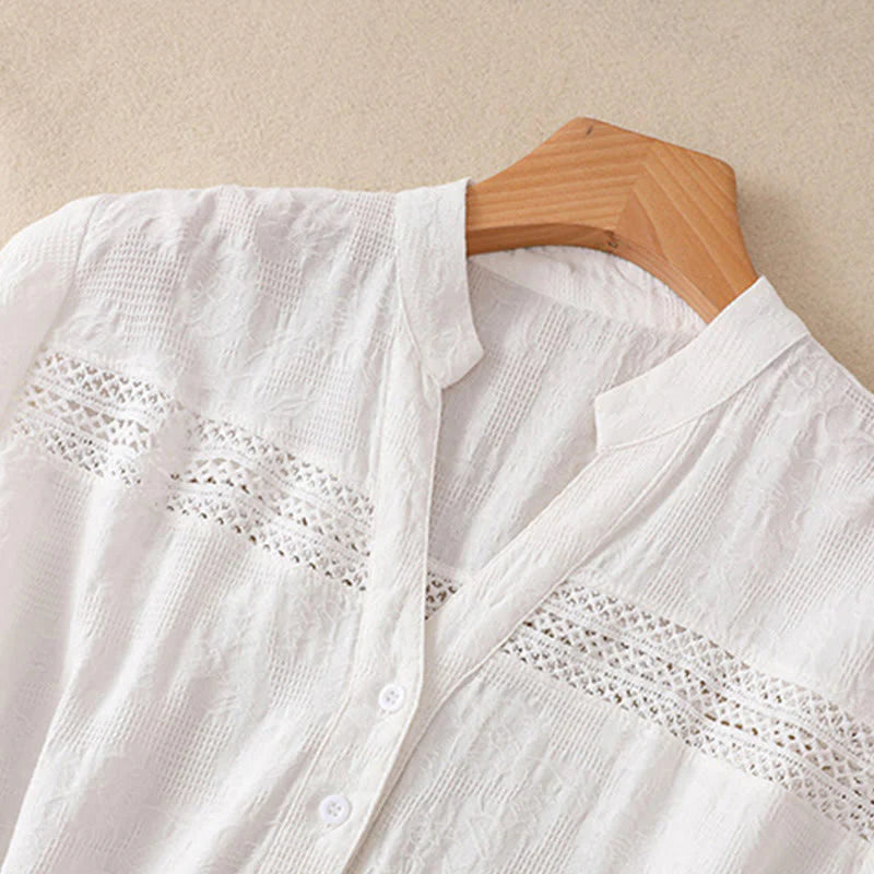 Buddha Stones Summer Plain Hollow Jacquard Design Cotton Short Sleeve Midi Dress With Pockets