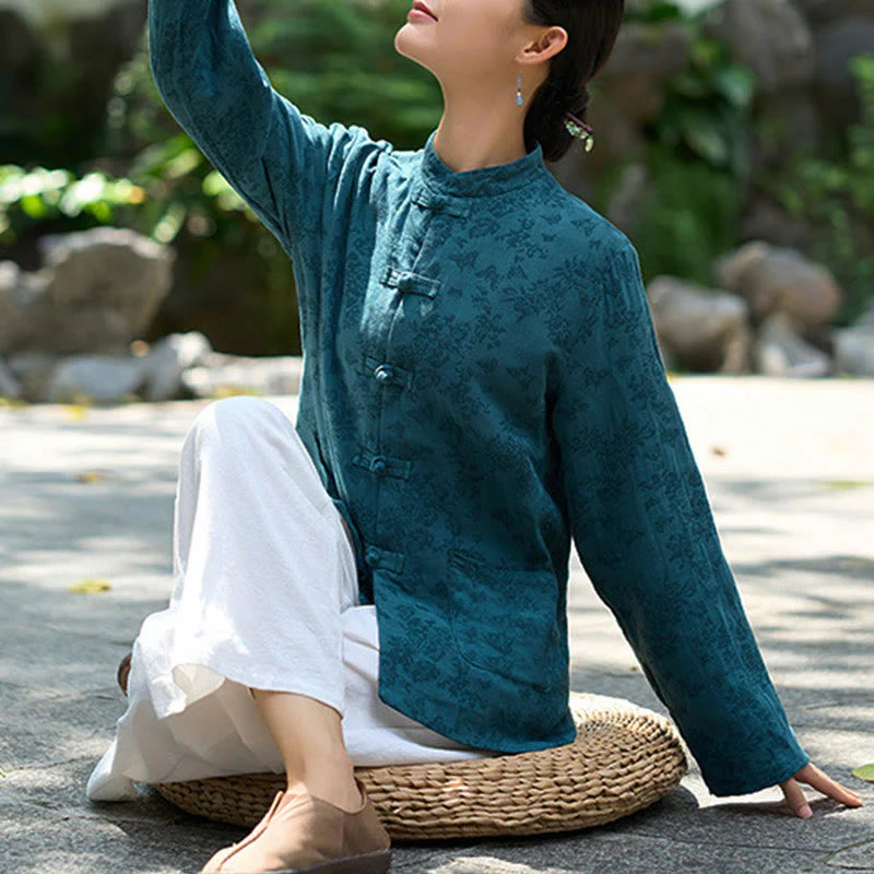 Buddha Stones Frog-Button Long Sleeve Cotton Jacquard Women's Shirt Pants With Pockets
