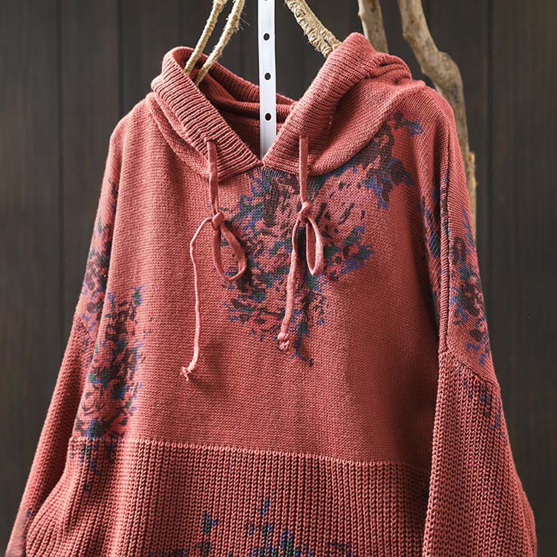 Buddha Stones Women's Knitted Floral Cotton Long Sleeve Hooded Sweater