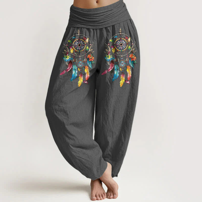 Buddha Stones Cotton Colorful Double Dreamcatchers Pattern High Waist Women's Harem Pants