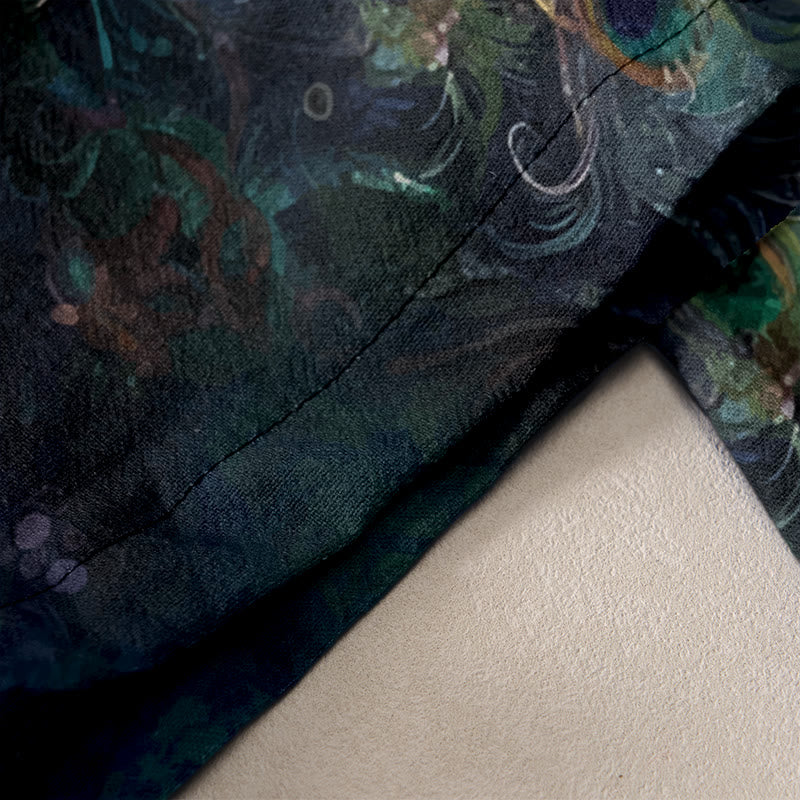 Buddha Stones Cotton Casual Gorgeous Peacock Pattern Women's Elastic Waist Pants With Pockets