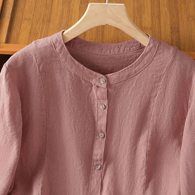 Buddha Stones Fall Commute Patchwork Plain Design Long Sleeve Women's Cotton Buttons Shirt