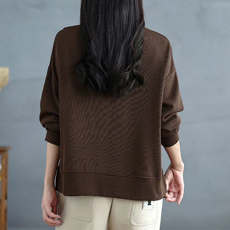 Buddha Stones Fall Solid Color Asymmetrical Design Crew Neck Long Sleeve Women's Cotton Sweatshirt