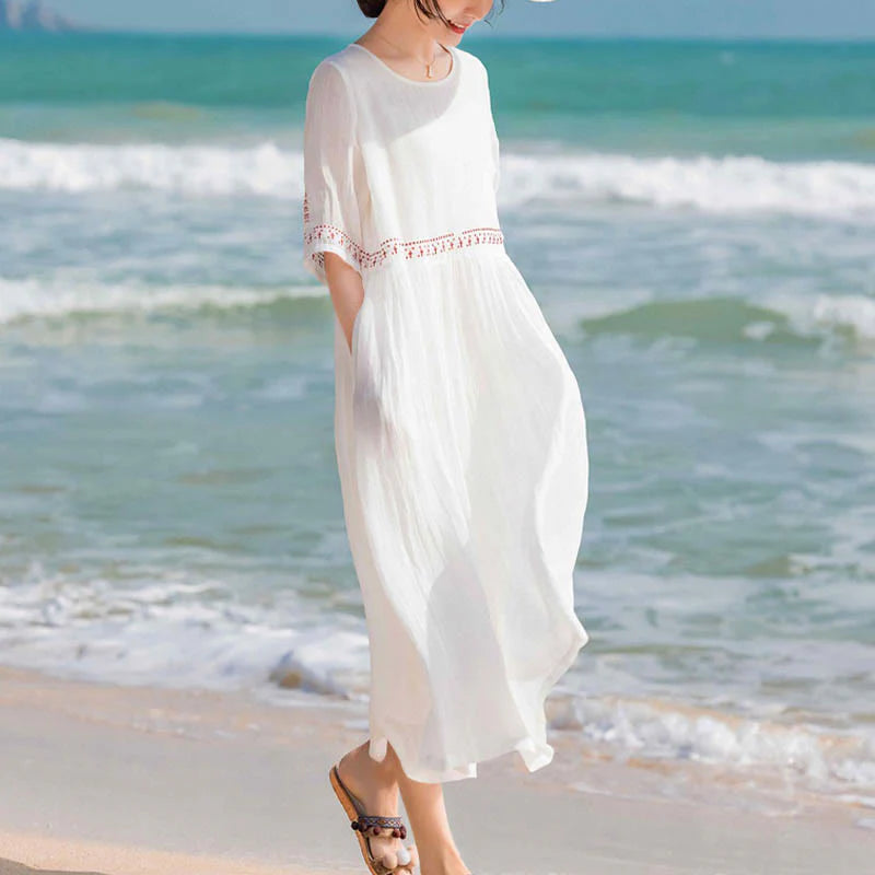 Buddha Stones Solid Color Embroidery Short Sleeve Cotton Midi Dress