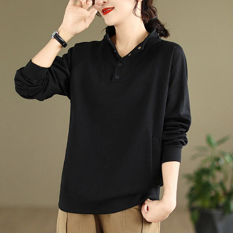 Buddha Stones Fall Solid Stand Collar Buttons Design Long Sleeve Women's Cotton Sweatshirt