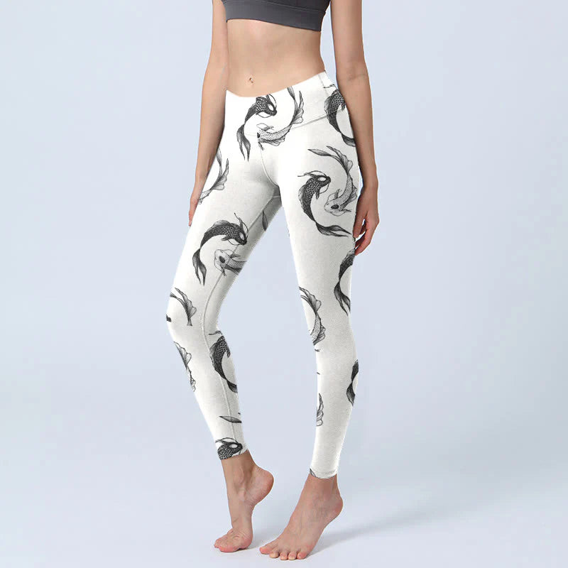 Buddha Stones YinYang Koi Fish Pattern Print Gym Leggings Women's Yoga Pants