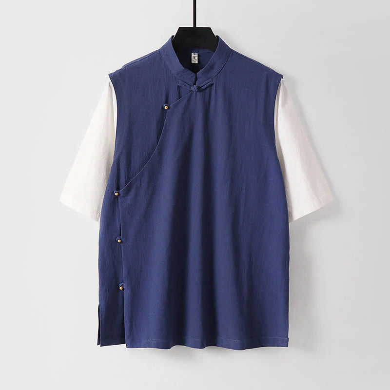 Buddha Stones Summer 2 In 1 Stripes Stand Collar Short Sleeve Frog-Button Men's Cotton Shirt