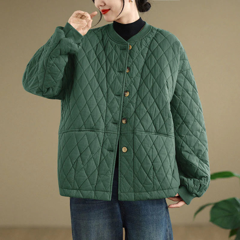 Buddha Stones Diamond Grid Pattern Women's Long Sleeve Cotton Thickened Jacket With Pockets