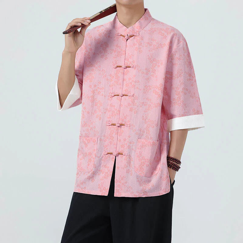 Buddha Stones Summer Peach Blossoms Pattern Chinese Frog-Button Cotton Linen Short Sleeve Men's Shirt