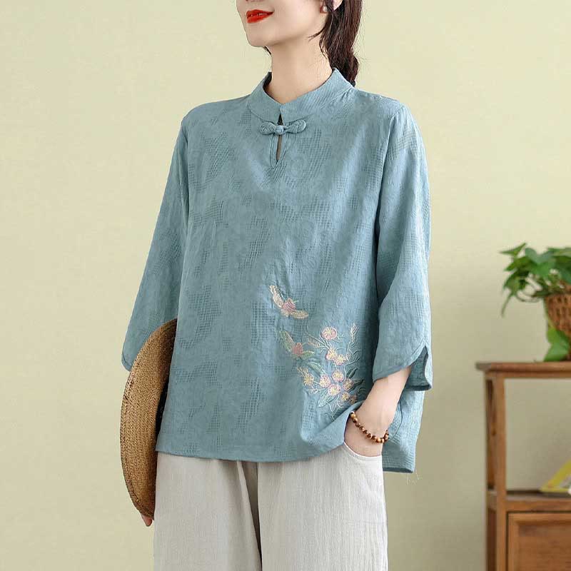 Buddha Stones Flower Embroidery Three Quarter Sleeve One Frog-Button Mandarin Collar Cotton Women's Shirt