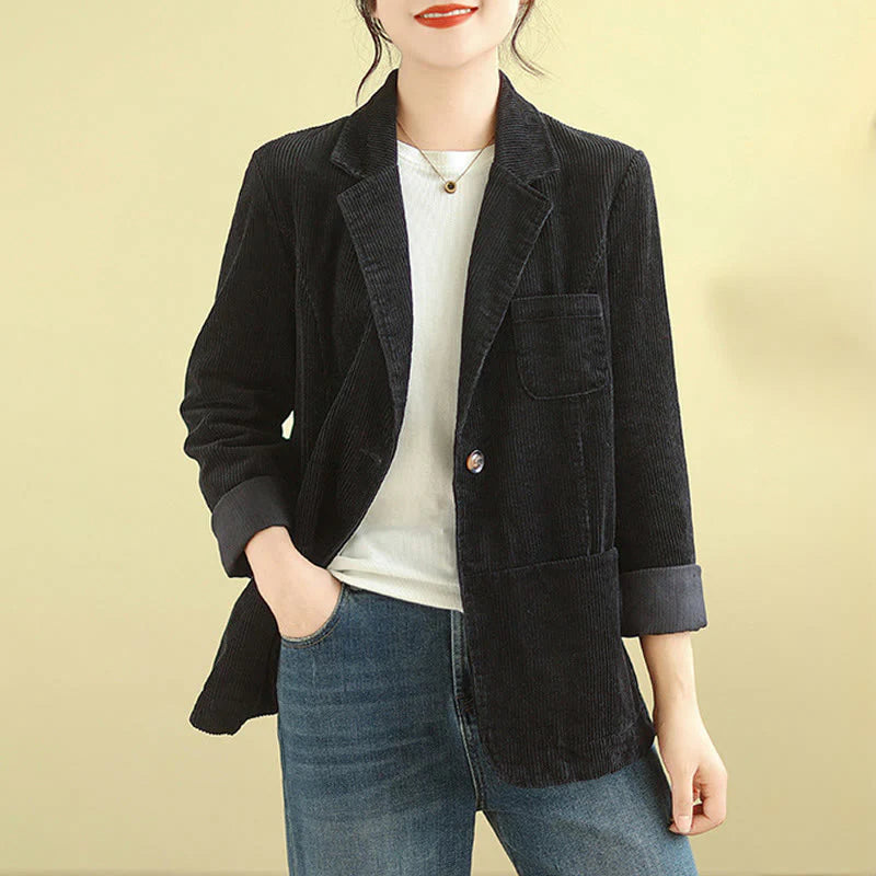 Buddha Stones Retro Plain Women's Long Sleeve Corduroy Jacket With Pockets
