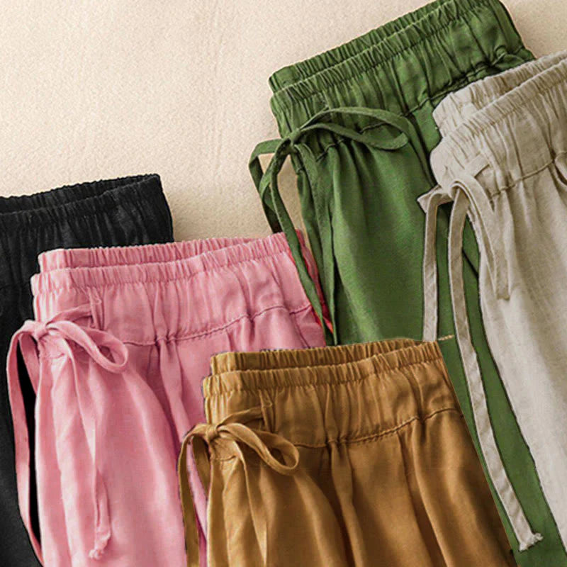 Buddha Stones Summer Elastic Waist Cotton Women's Capri Cropped Harem Pants With Pockets
