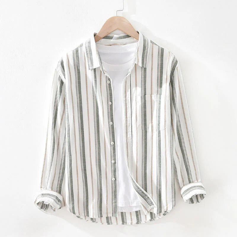 Buddha Stones Fall Stripe Decorative Pocket Buttons Down Long Sleeve Three Quarter Sleeve Short Sleeve Men's Cotton Shirt
