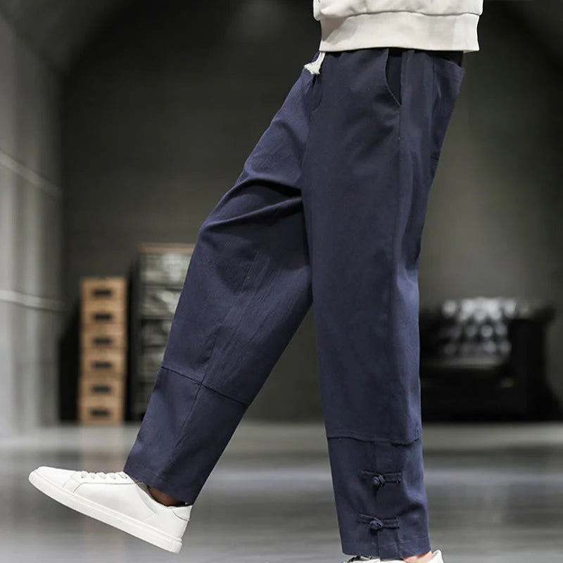 Buddha Stones Drawstring Elastic Waist Frog-Button Ankle-Length Men's Cotton Pants With Pockets