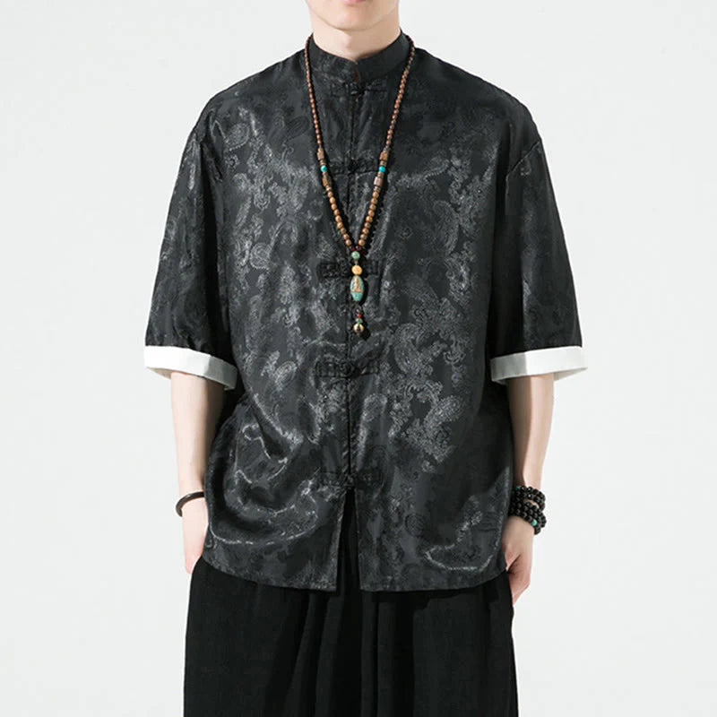 Buddha Stones Summer Cashew Flowers Pattern Men's Frog-Button Half Sleeve Shirts