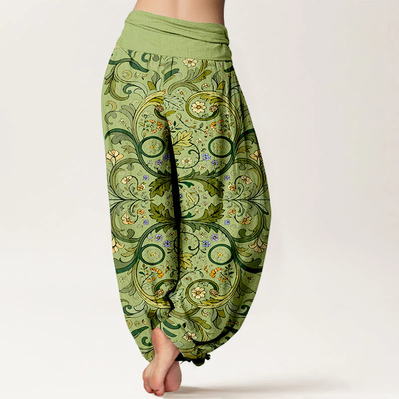 Buddha Stones Pure Cotton Layered Leaves Vines Flowers Pattern Women's Elastic Waist Harem Pants
