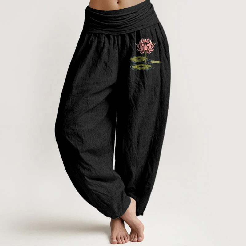 Buddha Stones Pure Cotton  Lotus Flower Leaves Pattern Women's Elastic Waist Harem Pants