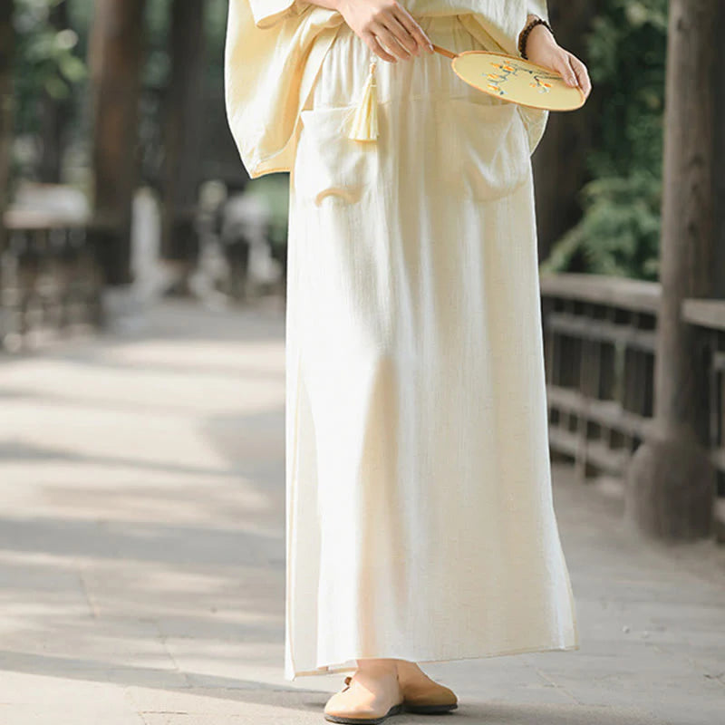 Buddha Stones Solid Color Hem Slit Design Women's Skirt Pants With Pockets