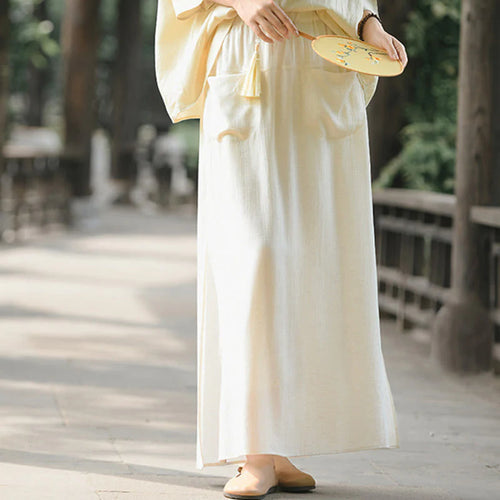 Buddha Stones Solid Color Hem Slit Design Women's Skirt Pants With Pockets