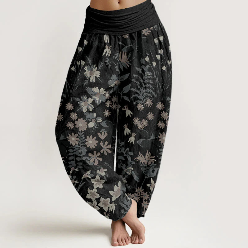 Buddha Stones Cotton Casual Daisy Flowers Leaves Design Women's Elastic Waist Harem Pants