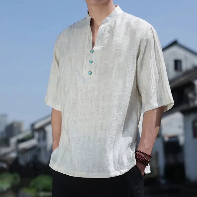 Buddha Stones Summer Dai Ethnic Short Sleeve Men's Notched Collar Button T-Shirt