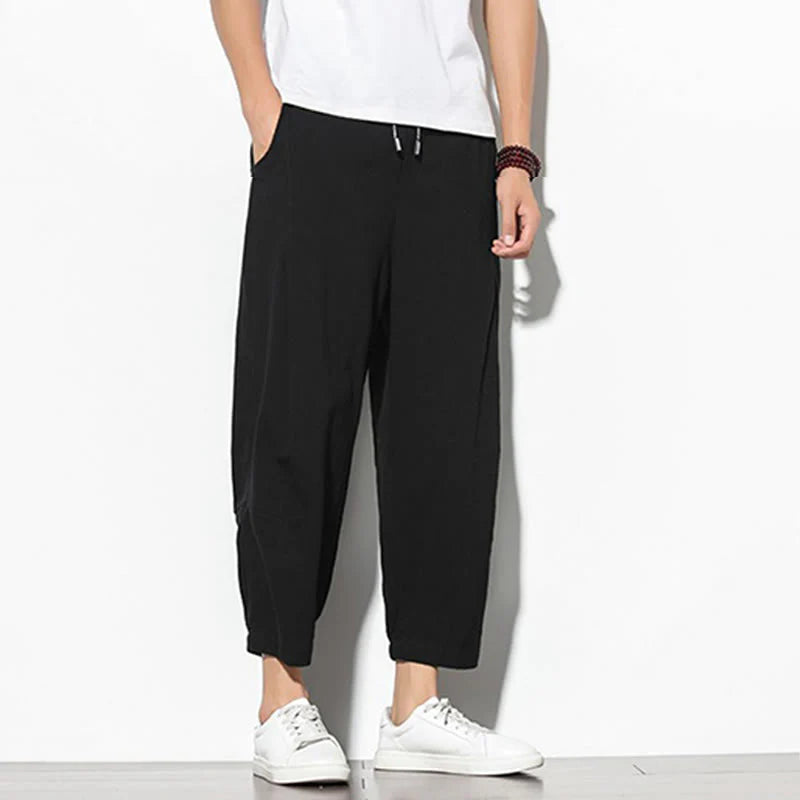 Buddha Stones Summer Men's 7-8 Length Cotton Linen Carrot Pants With Pockets