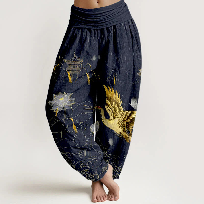 Buddha Stones Cotton Crane Lotus Mountain Pavilion Pattern Women's Elastic Waist Harem Pants