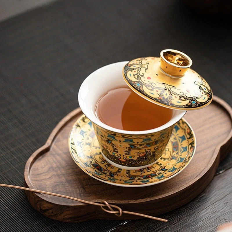 Buddha Stones Thangka Dragon Buddhas Dunhuang Ceramic Gaiwan Sancai Kung Fu Tea Cup And Saucer With Lid Gift Box 180ml