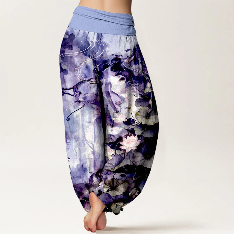 Buddha Stones Pure Cotton Watercolor Style Lotus Flower Leaf Pattern Women's Elastic Waist Harem Pants