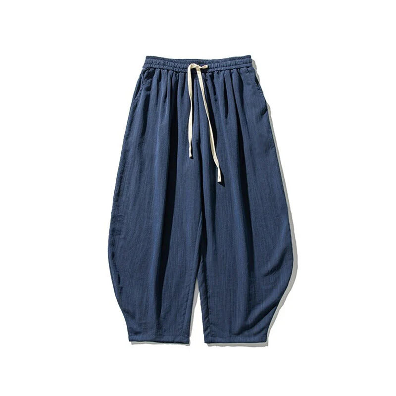 Buddha Stones Summer Pure Color Drawstring Men's Cotton Ankle-Length Pants With Pockets