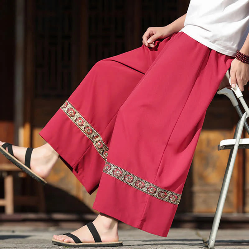 Buddha Stones Summer Cotton Embroidered Hem Elastic Waist Men's Cropped Wide Leg Pants With Pockets