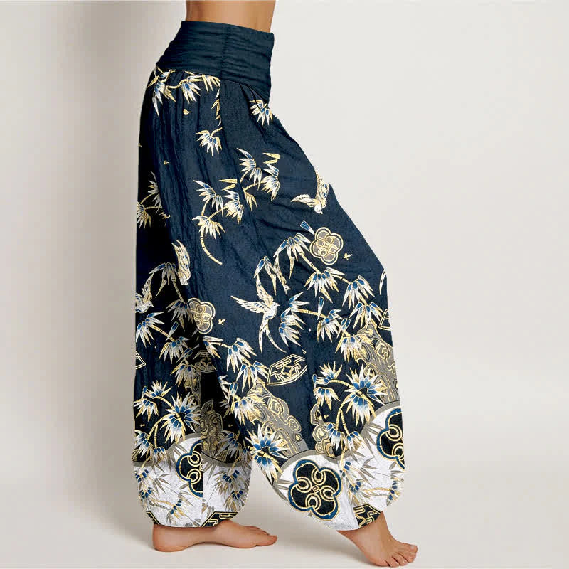 Buddha Stones Bird Bamboo Pattern Cotton Women's Harem High Elastic Waist Pants
