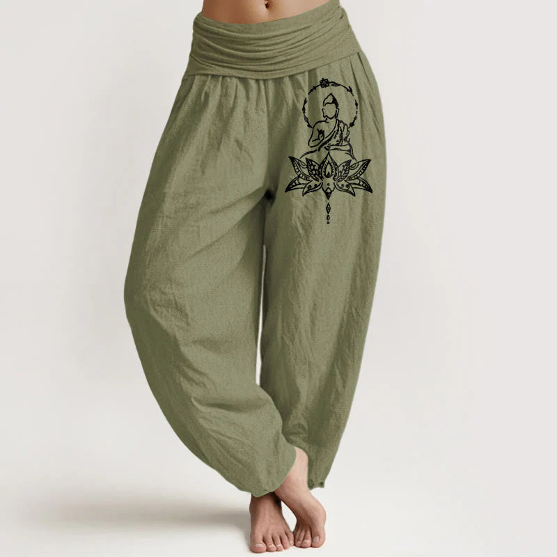 Buddha Stones Pure Cotton Concise Lotus Buddha Pattern Women's Elastic Waist Harem Pants