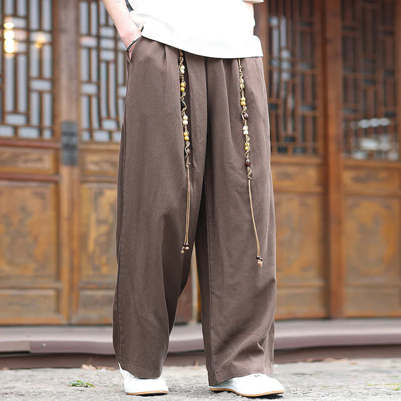 Buddha Stones Summer Ethnic Beaded Tassel Cotton Men's Long Straight Leg Pants