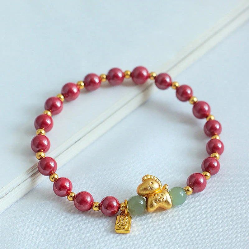 Buddha Stones Chinese Zodiac Year of the Horse Fu Character Cinnabar Hetian Jade Blessing Bracelet