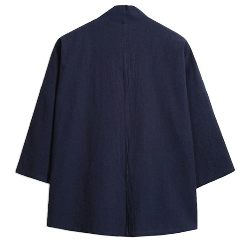 Buddha Stones Embroidery Open Front Jacket Cotton Linen Men's Three Quarter Sleeve Kimono