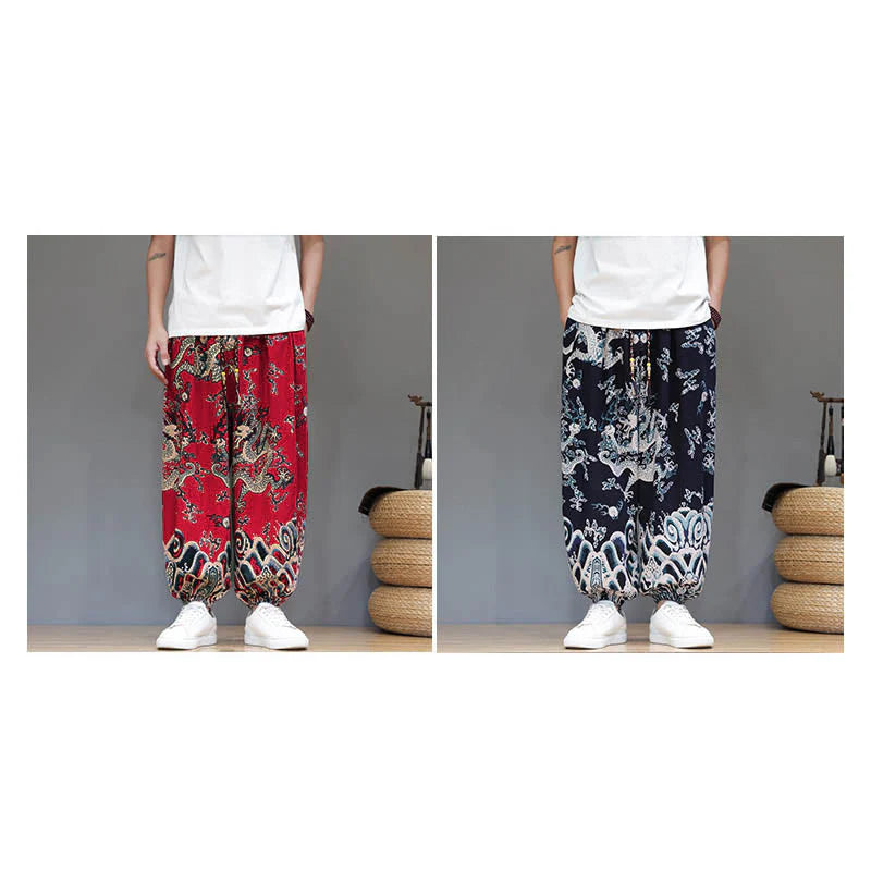 Buddha Stones Summer Dragon Drawstring Design Cotton Linen Men's Harem Pants With Pockets