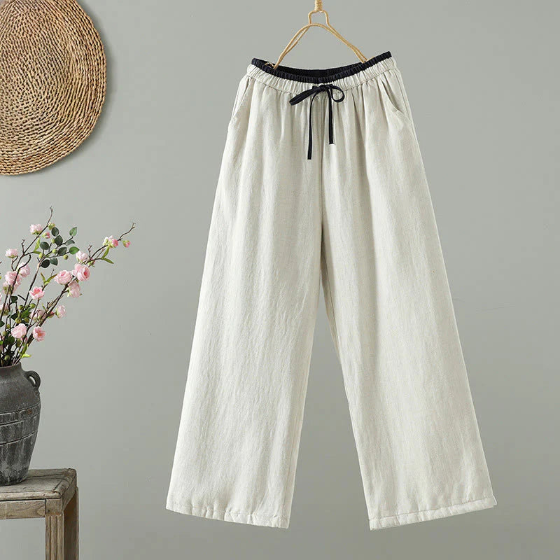 Buddha Stones Winter Contrasting Drawstring Cotton Linen Women's Wide Leg Pants With Pockets