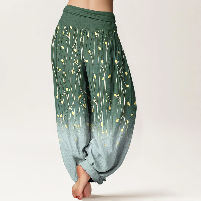 Buddha Stones Branches Leaves Pattern Gradient Women's Elastic Waist Pure Cotton Harem Pants