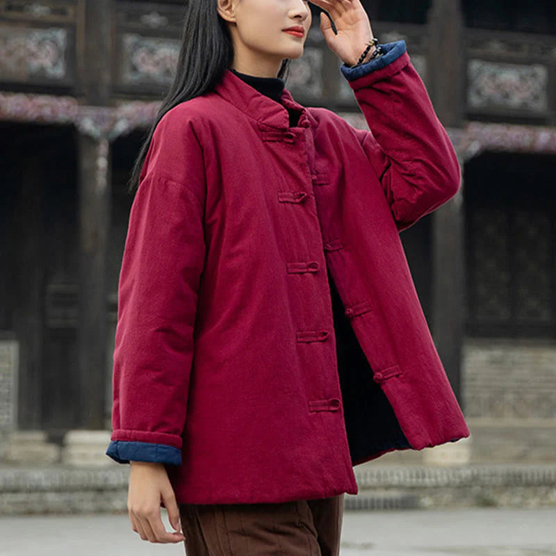 Buddha Stones Winter Solid Frog-Button Long Sleeve Cotton Women's Thermal Jacket With Pockets