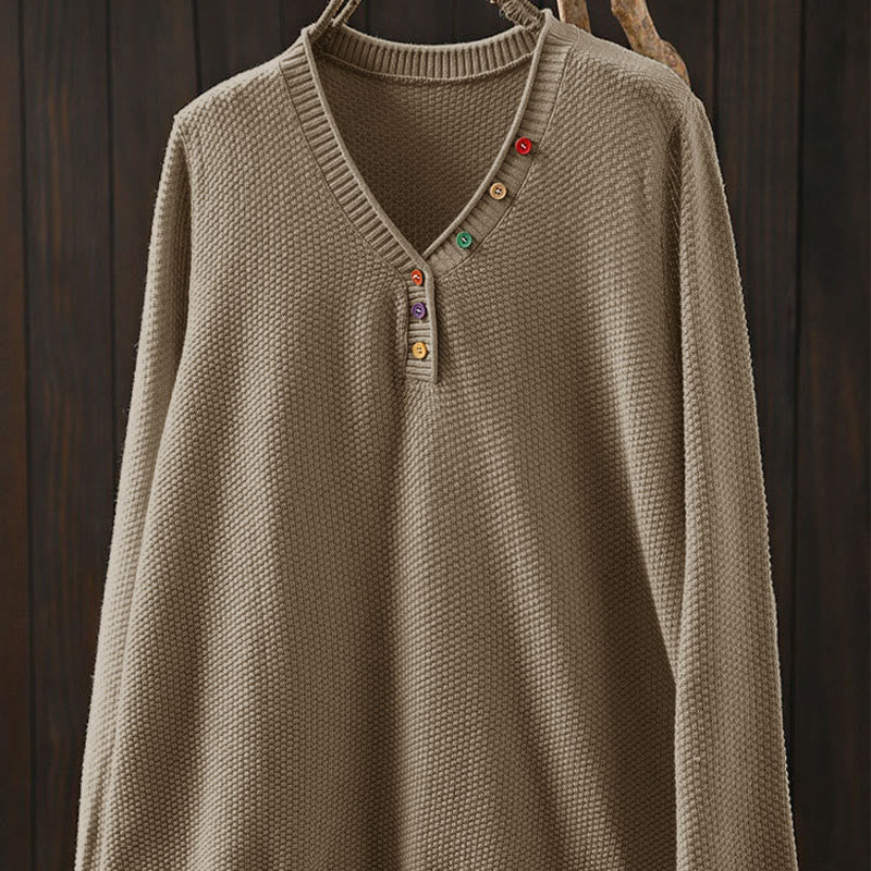 Buddha Stones Fall Colorful Buttons V-Neck Cotton Women's Long Sleeve Knitted Sweater